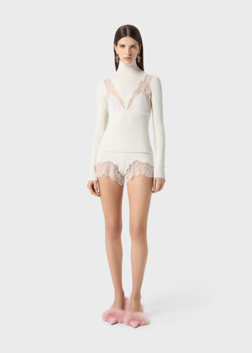 STRETCH RIBBED SWEATER WITH LACE AND SATIN INSERTS