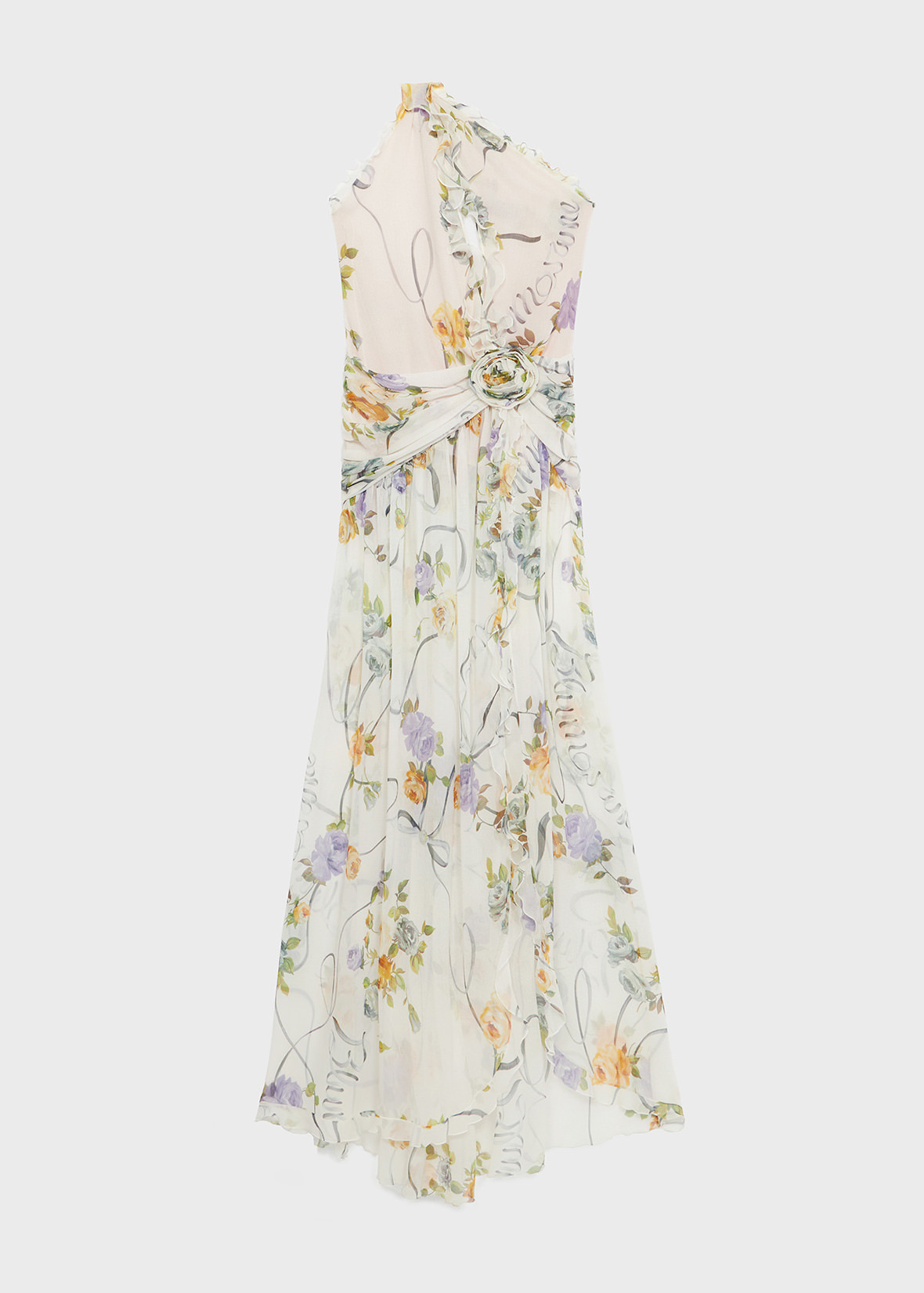 One-shoulder Dress In Creponne With Ruffled Rose Decoration