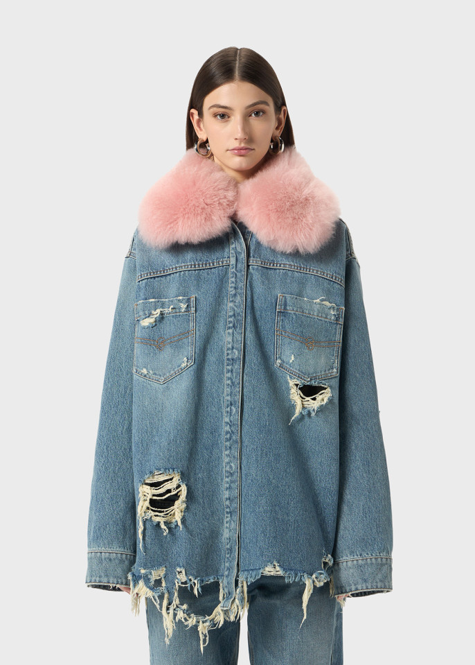 BLUMARINE: CAMICIA IN DENIM CON COLLO IN PELLICCIA