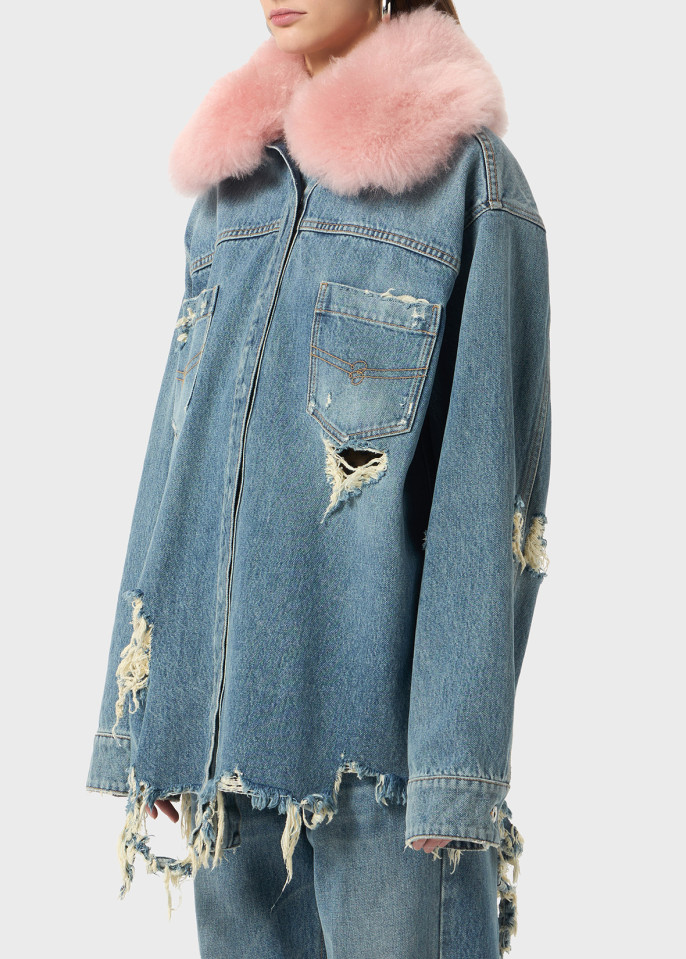 BLUMARINE: CAMICIA IN DENIM CON COLLO IN PELLICCIA