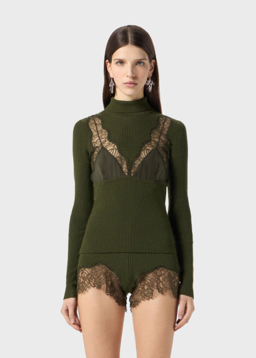 STRETCH RIBBED SWEATER WITH LACE AND SATIN INSERTS