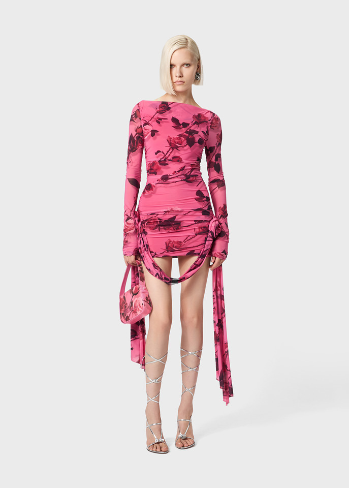 BLUMARINE: Mini dress in torchon rose print Jersey