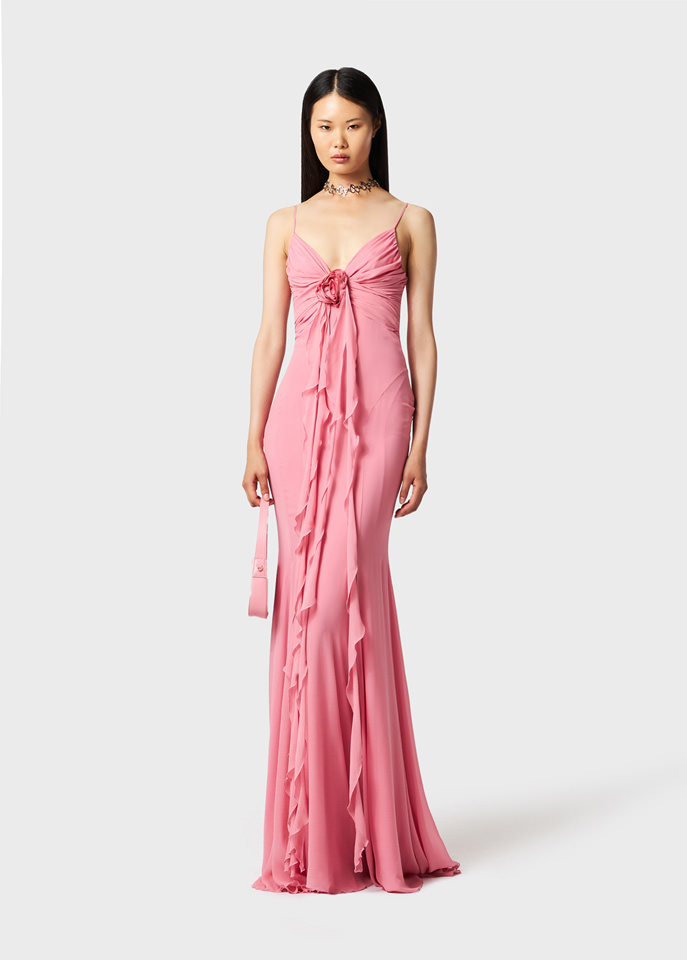 BLUMARINE: Long georgette dress with 3D rose decoration