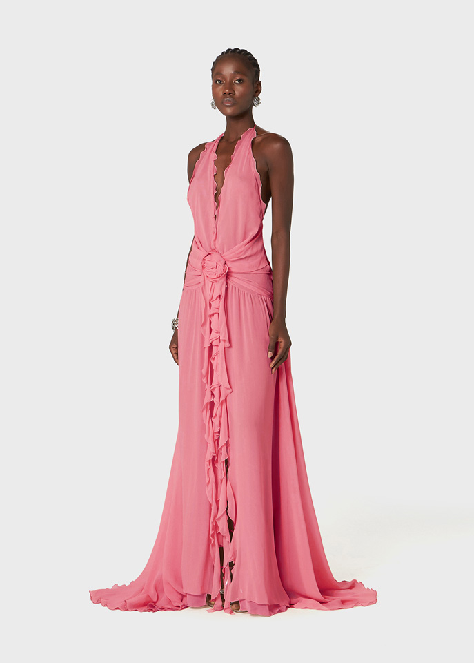 BLUMARINE: Long georgette dress with ruffles and rose decoration