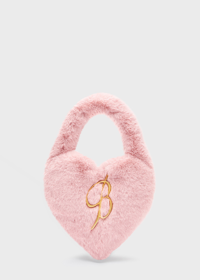 BLUMARINE: Faux fur heart-shaped bag with rhinestone B monogram pin