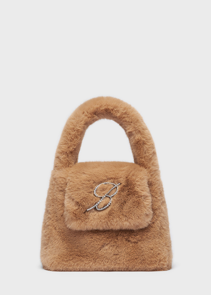 BLUMARINE: Faux fur bag with rhinestone B monogram pin