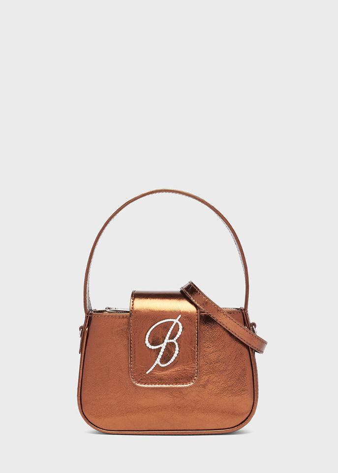 BLUMARINE: Laminated flap bag with rhinestone B monogram