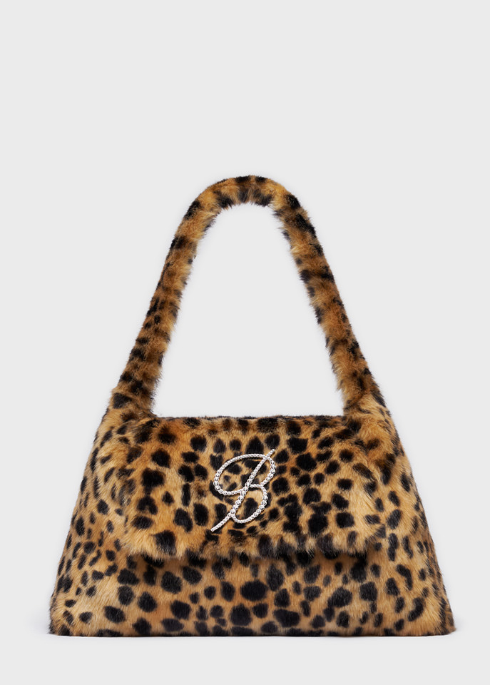 BLUMARINE: Animalier print faux fur large-sized bag with rhinestone B monogram pin