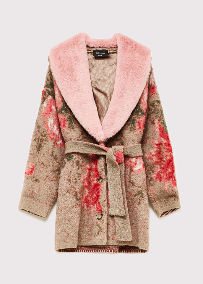 BLUMARINE: KNITTED JACQUARD COAT WITH ECO-MINK FUR