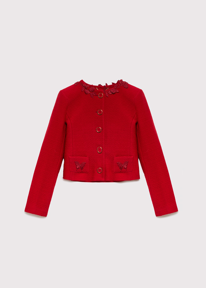 BLUMARINE: JACKET IN WOOL WITH EMBROIDERY MACRAME