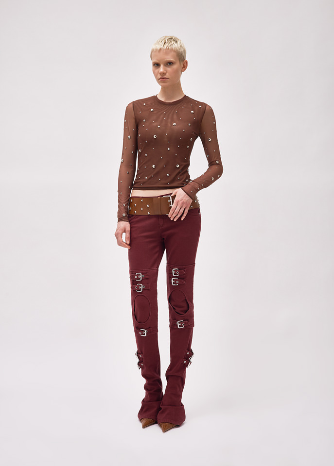BLUMARINE: Tulle sweater with embroidery studs and rhinestones