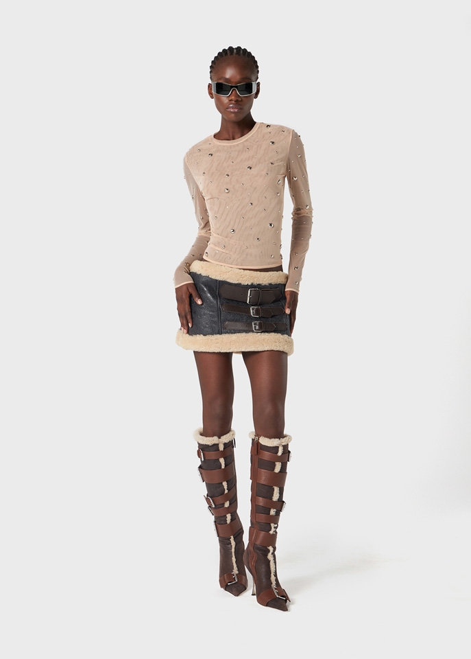 BLUMARINE: Tulle sweater with embroidery studs and rhinestones