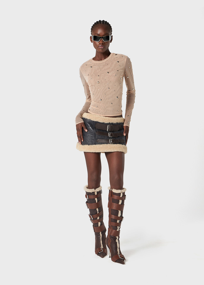 BLUMARINE: Shearling mini skirt with décor belts