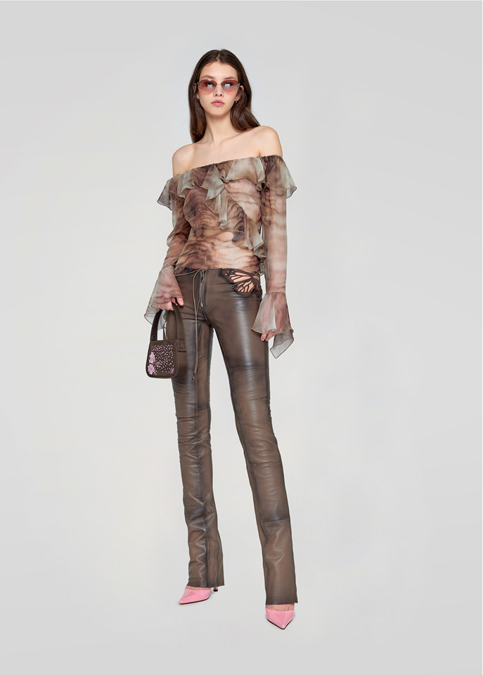 BLUMARINE: LEATHER PANTS WITH EMBROIDERY