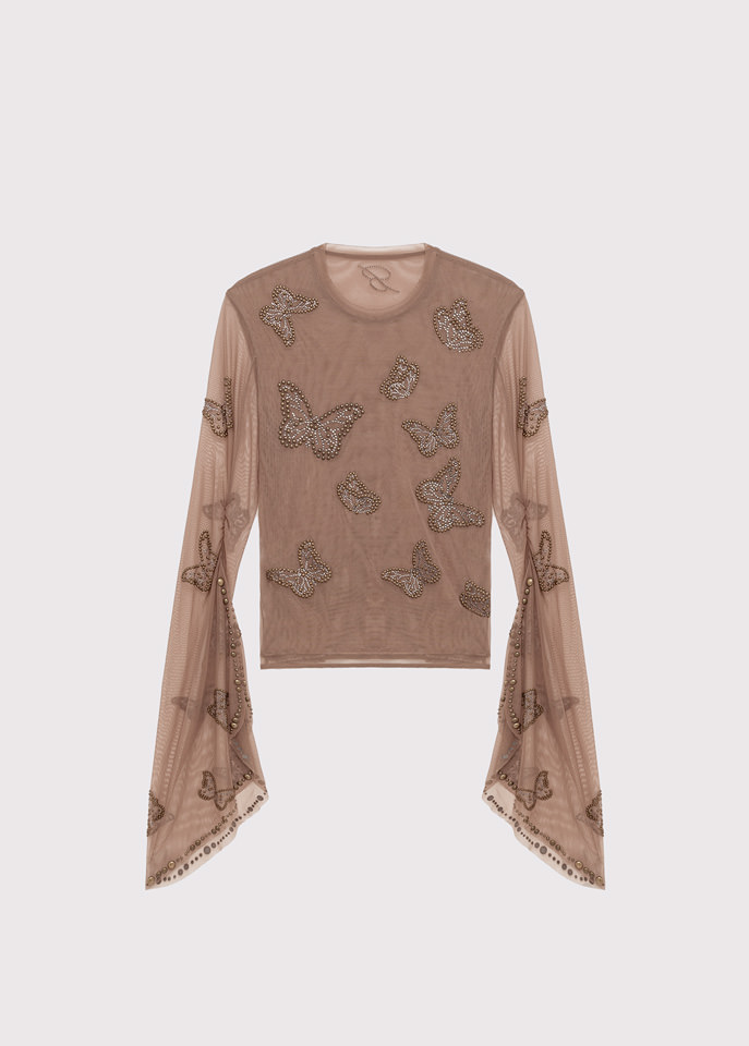 BLUMARINE: TULLE T-SHIRT WITH EMBROIDERY STUDS