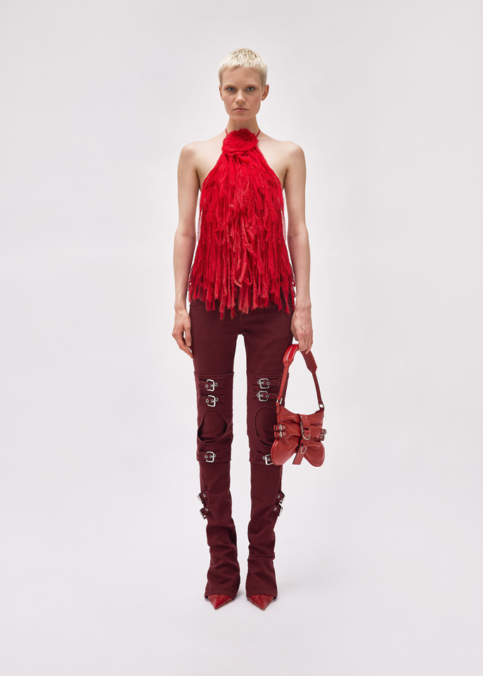 BLUMARINE: Top with fringed embroidery and rose décor