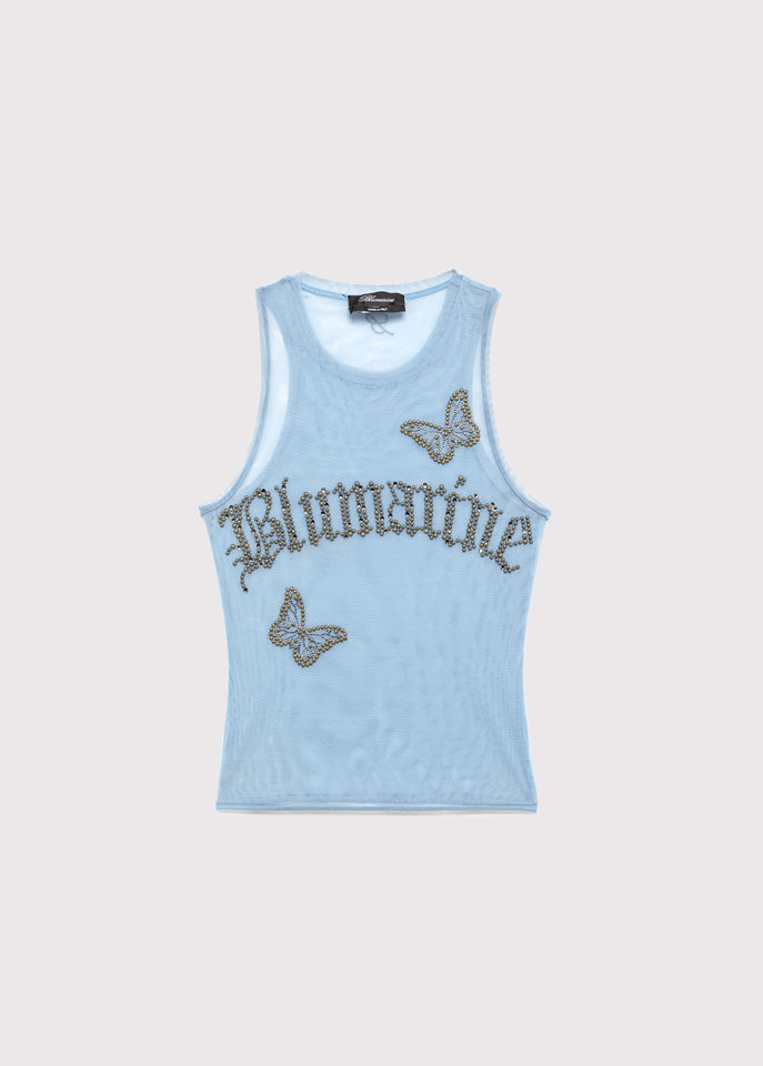 BLUMARINE: TULLE TOP WITH EMBROIDERY LOGO AND BUTTERFLIES