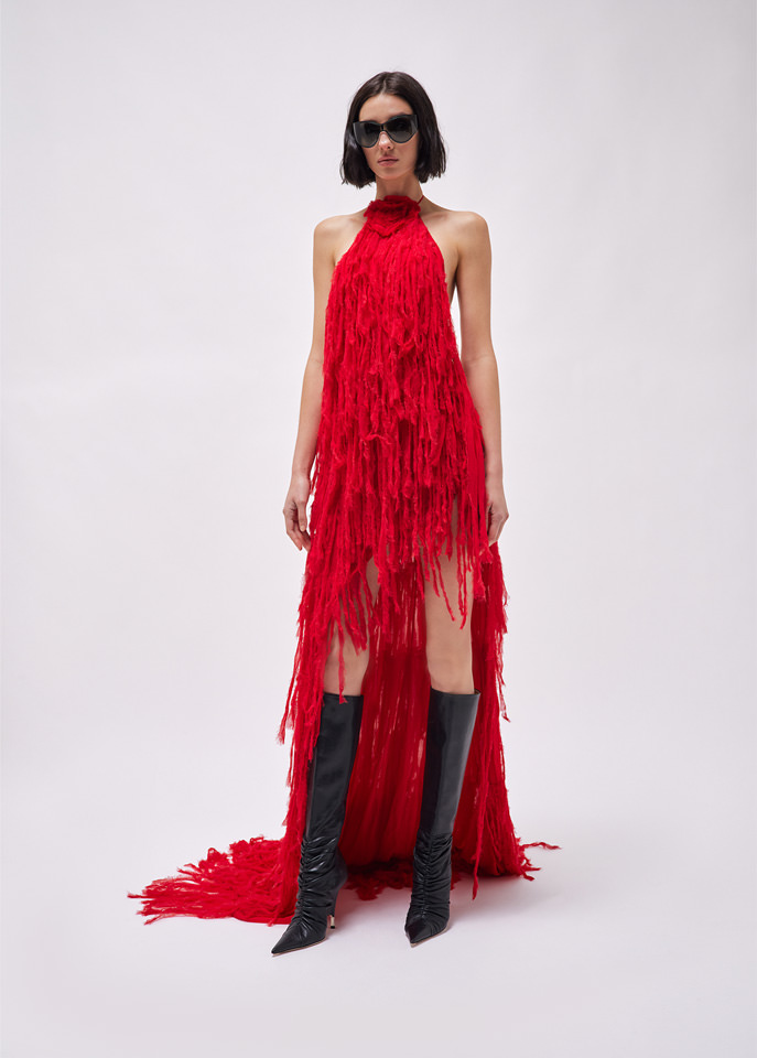 BLUMARINE: ASYMMETRIC DRESS WITH FRINGES AND ROSE DÉCOR