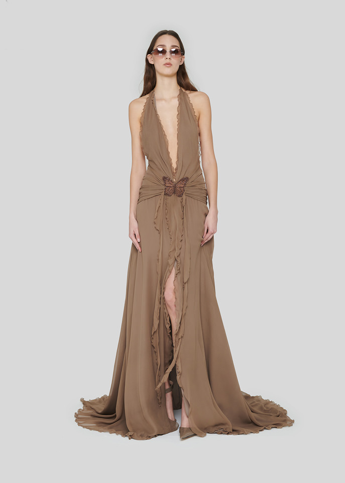 BLUMARINE: RUFFLED LONG DRESS IN SILK WITH EMBROIDERY
