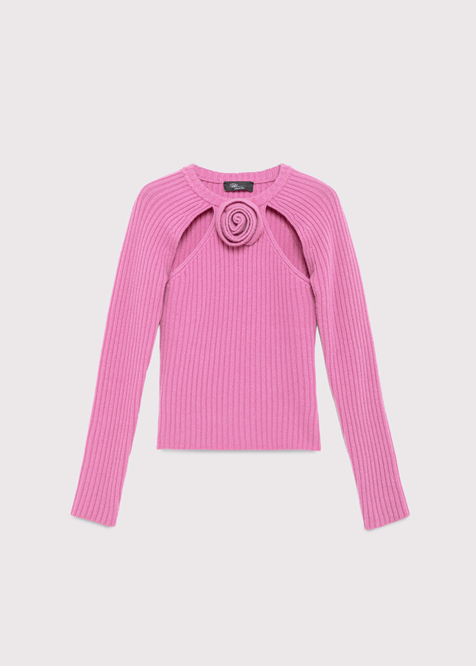 BLUMARINE: RIBBED SWEATER WITH CUT-OUT AND 3D ROSE