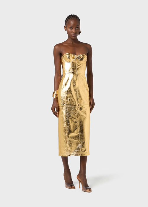 BLUMARINE Midi dress in gold-tone laminated leather