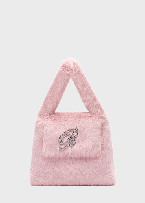 BLUMARINE: Faux fur bag with flap and rhinestone logo