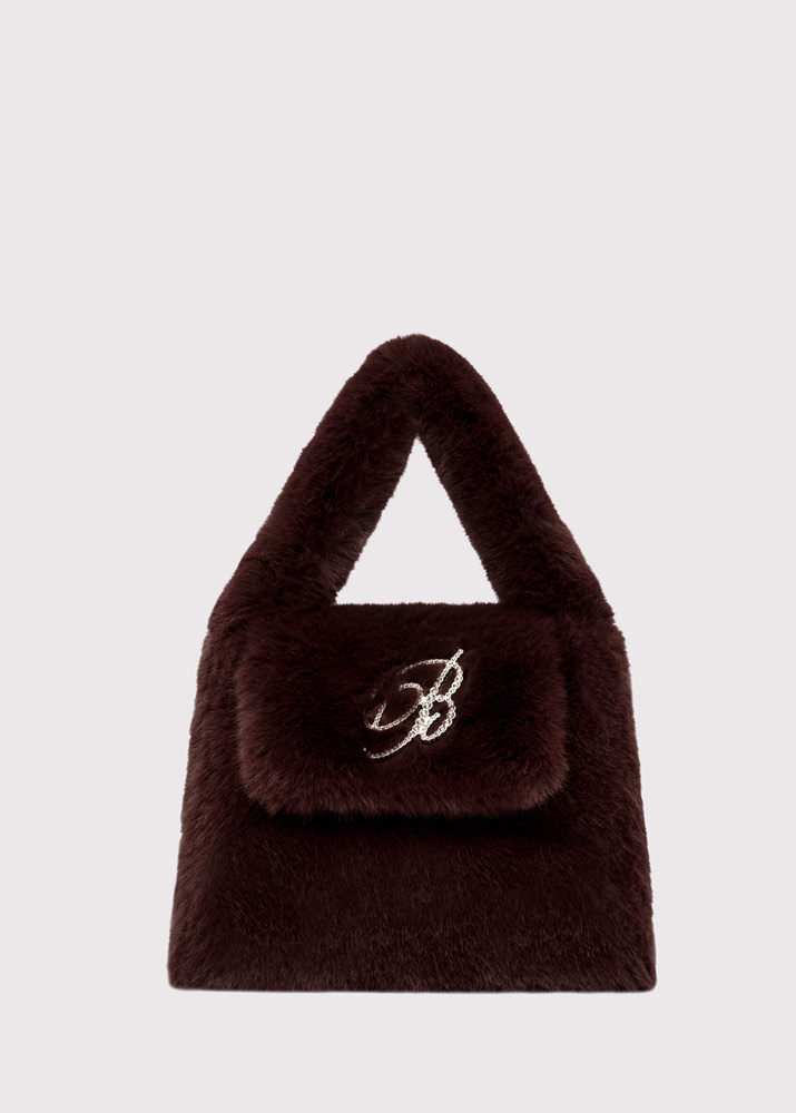 BLUMARINE: Faux fur bag with flap and rhinestone logo