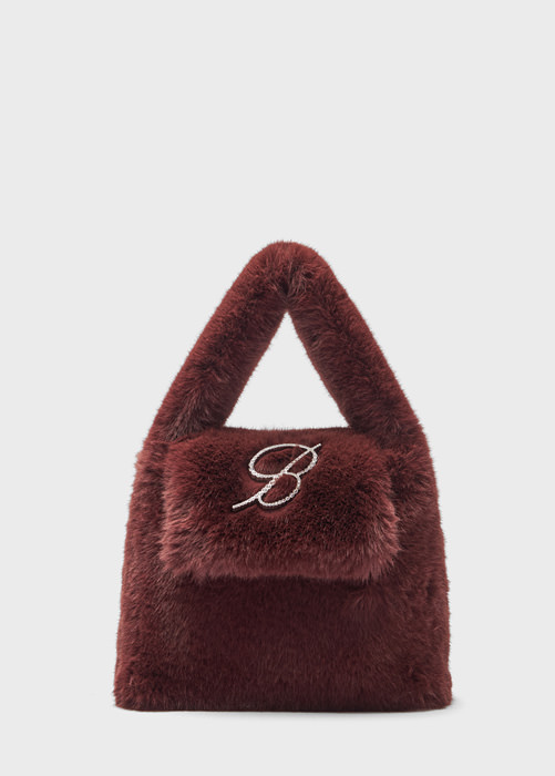 BLUMARINE: Faux fur bag with rhinestone B monogram pin
