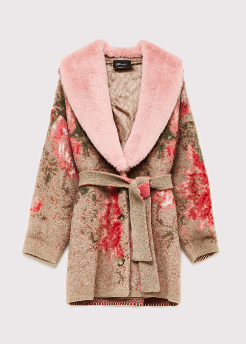 BLUMARINE KNITTED JACQUARD COAT WITH ECO-MINK FUR