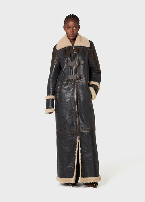BLUMARINE: Long coat in shearling with décor belts