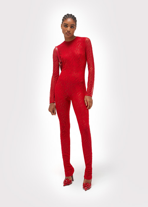BLUMARINE: CATSUIT WITH EMBROIDERY LOGO AND RHINESTONES