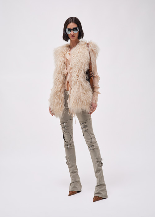 BLUMARINE: Fur vest with belts and buckles