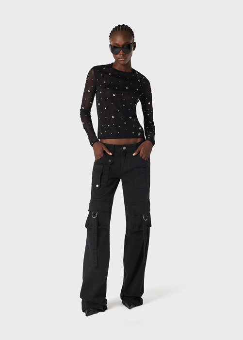 BLUMARINE TULLE SWEATER WITH EMBROIDERY STUDS AND RHINESTONES