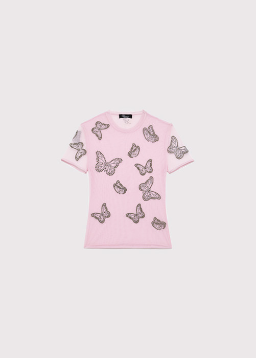 BLUMARINE: TULLE T-SHIRT WITH EMBROIDERY BUTTERFLIES