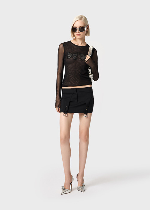 BLUMARINE Tulle T-shirt with butterfly rhinestone embroidery