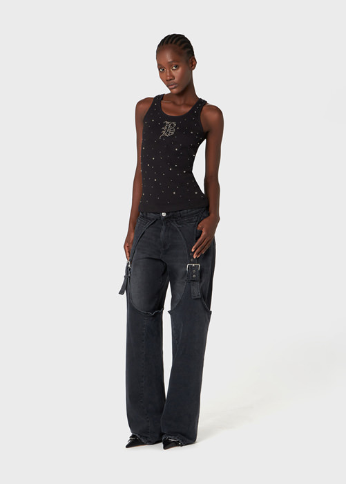 BLUMARINE: JERSEY TOP WITH EMBROIDERY STUDS AND RHINESTONES