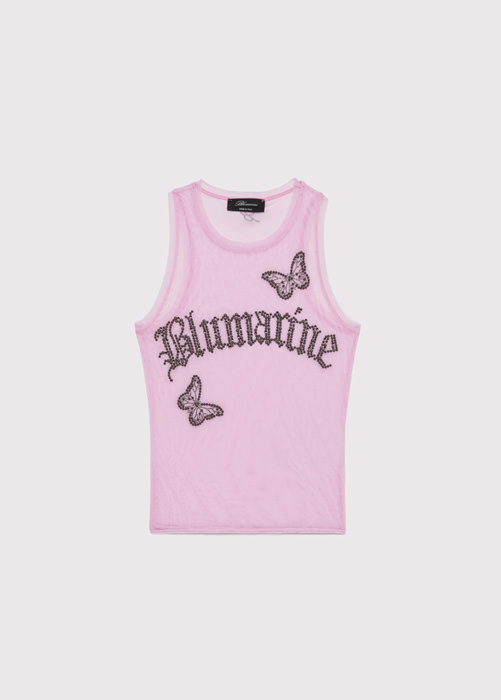 BLUMARINE TULLE TOP WITH EMBROIDERY LOGO AND BUTTERFLIES