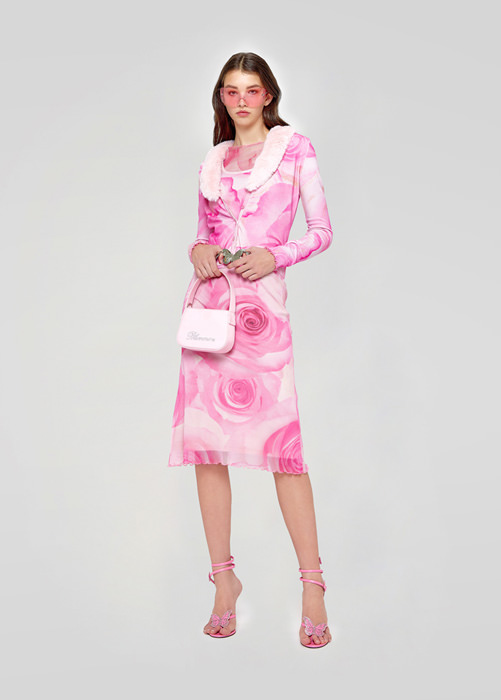 BLUMARINE TWIN-SET IN PRINTED VISCOSE WITH ECO MINK