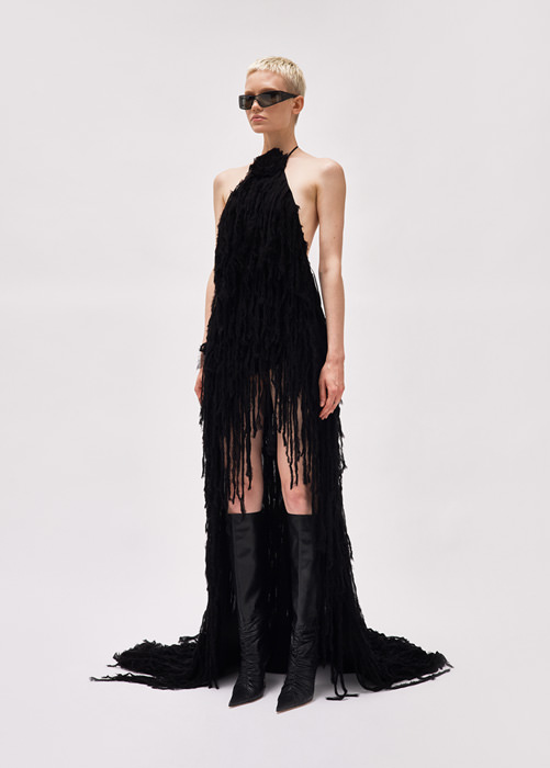 BLUMARINE: Asymmetric dress with fringes and rose décor