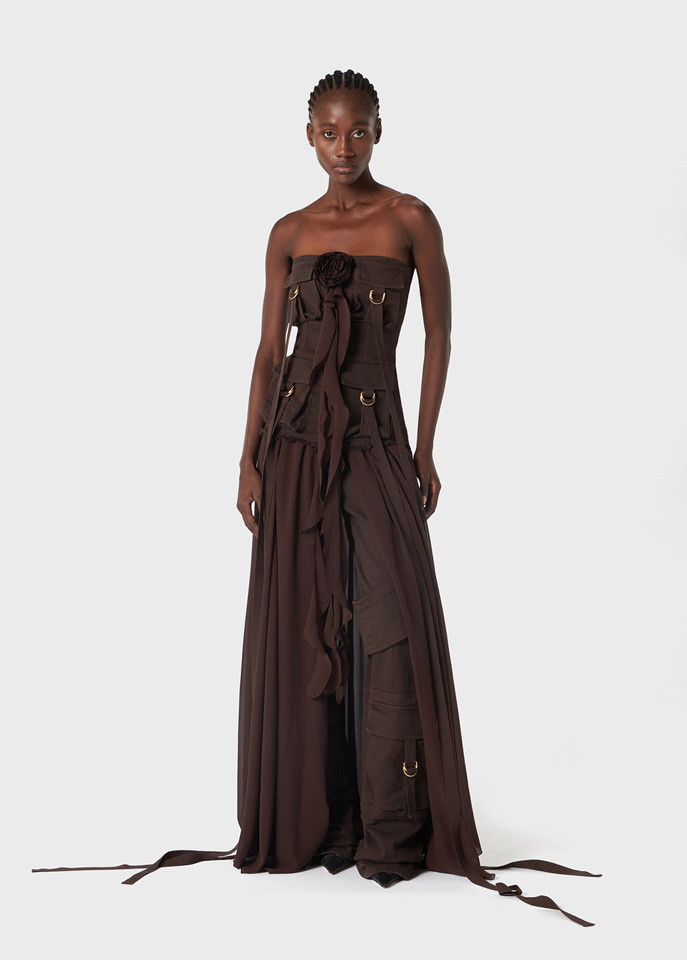 Blumarine Maxi Dress with High-Neck and Rear Cut-Out in Laminated Visc
