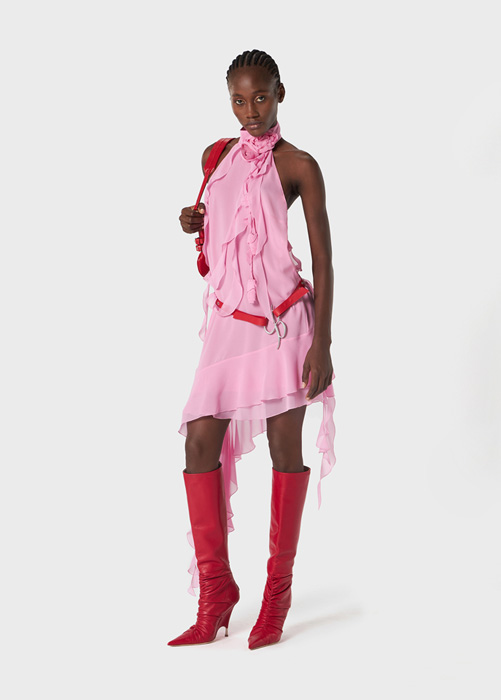 BLUMARINE: Mini dress in silk with rose décor and ruffles