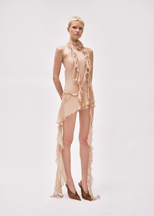 BLUMARINE Mini dress in silk with rose décor and ruffles