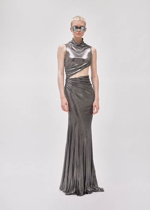 BLUMARINE: Long dress in laminated jersey with cut-out detailing