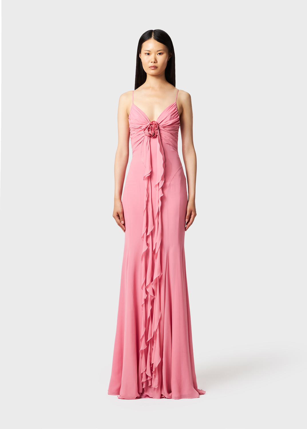 Long georgette dress with 3D rose decoration | Blumarine
