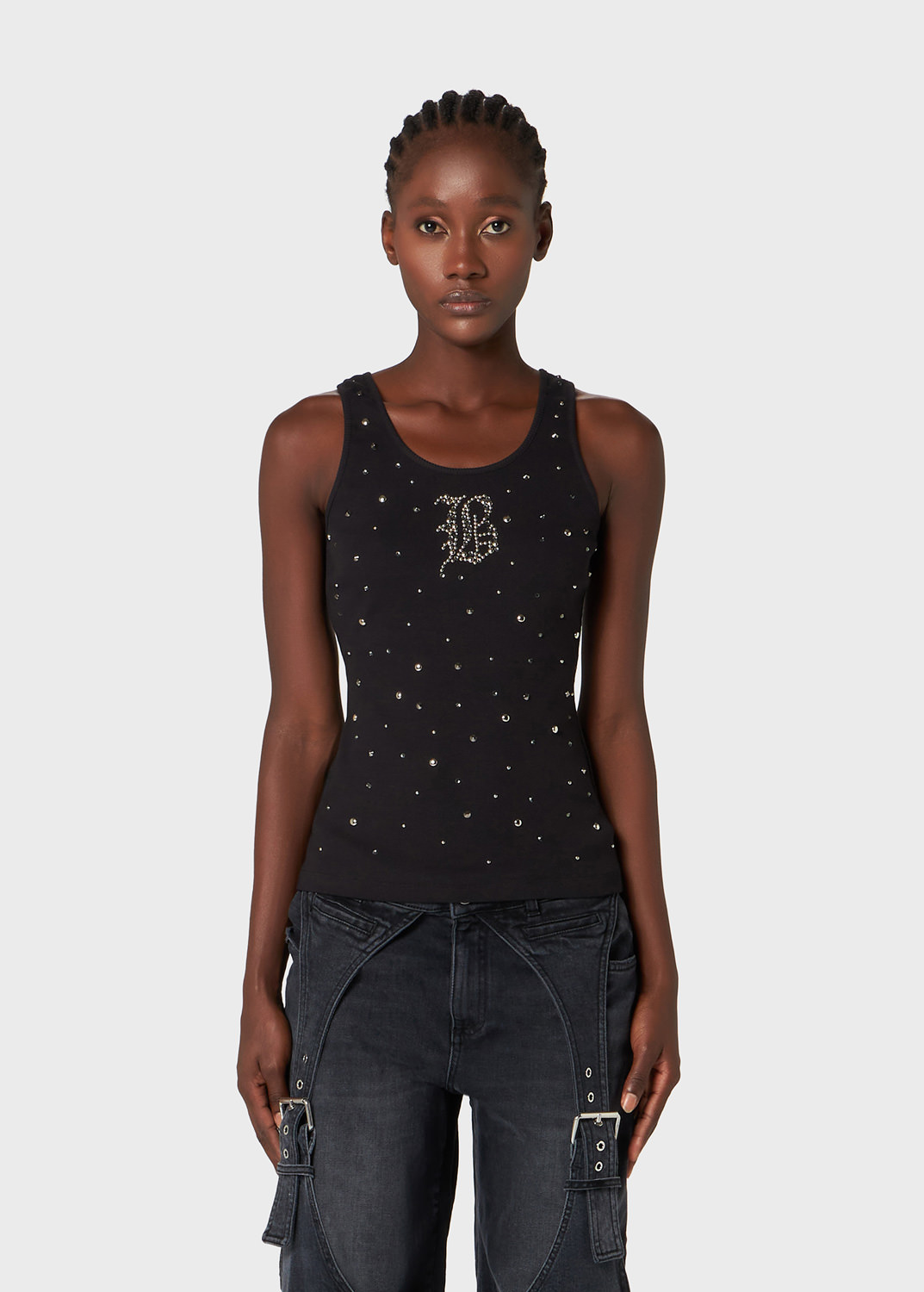 JERSEY TOP WITH EMBROIDERY STUDS AND RHINESTONES | Blumarine